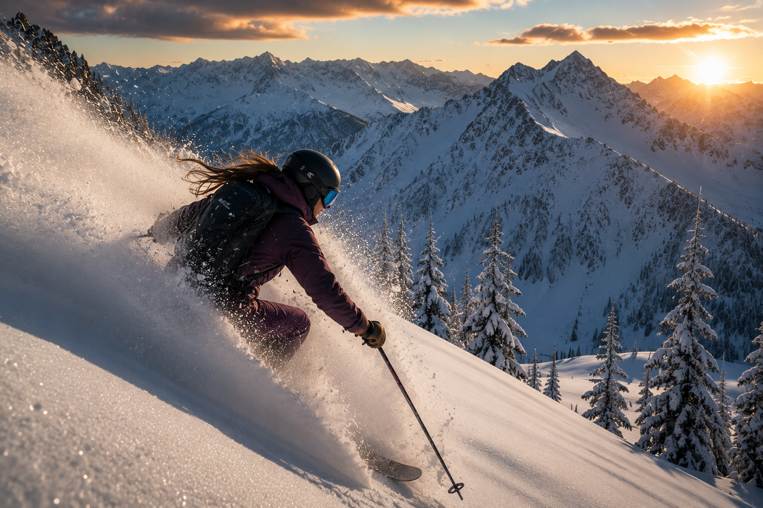 A skier dropping into untouched powder at sunrise