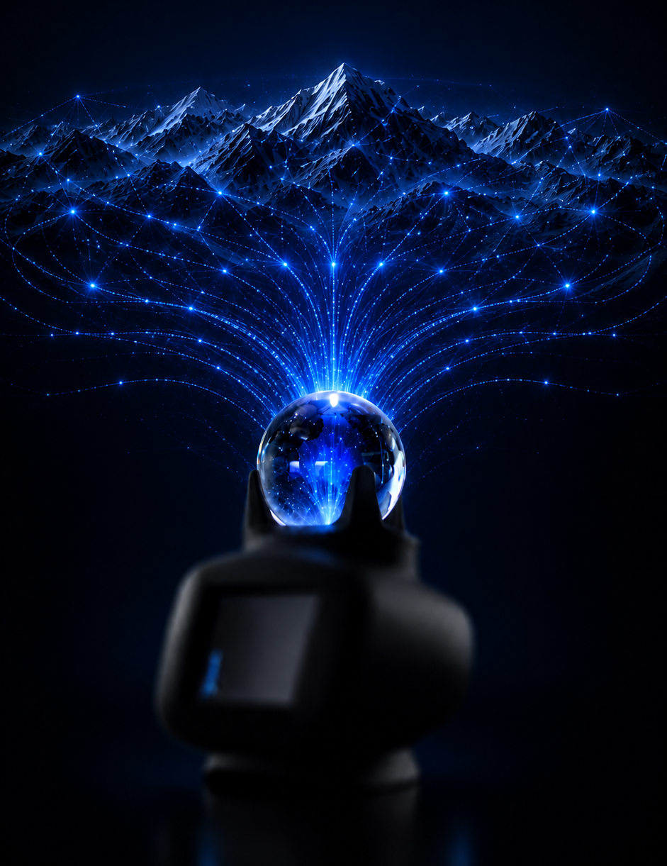 The Powder Oracle on a nightstand, its crystal orb projecting a glowing data-mapped mountain range