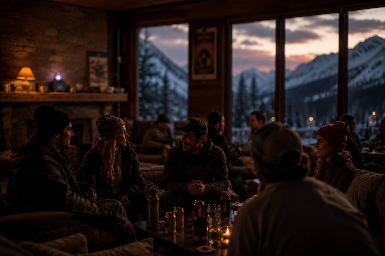 Skiers and snowboarders relaxing in a warm mountain lounge at dusk, the Powder Oracle glowing on the mantel